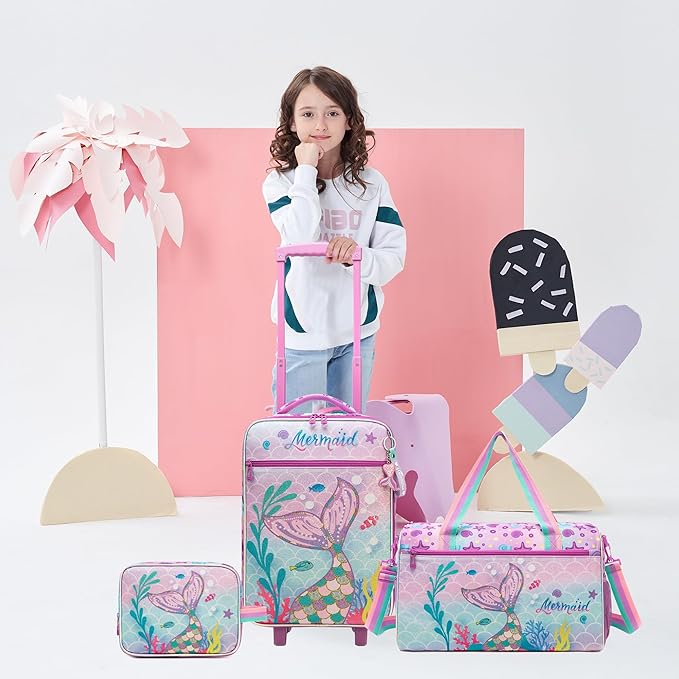 Kids Luggage Set with Wheels Girls Cute Mermaid Travel Softside Suitcases 16" Carry on Suitcase with Duffle Bag Girls Luggage Sets Airline Approved