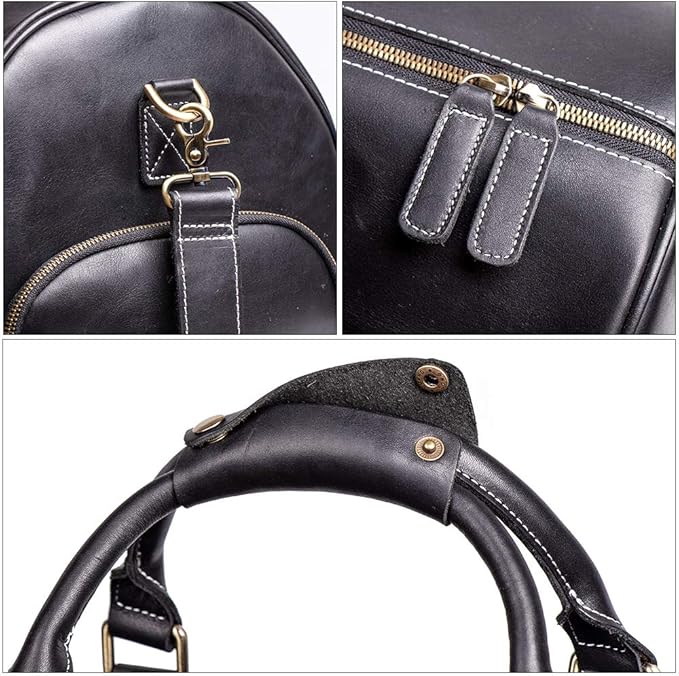 24 Inch Leather Travel Weekend Luggage Bag, Mens Duffle Retro Carry on Handbag (Black)