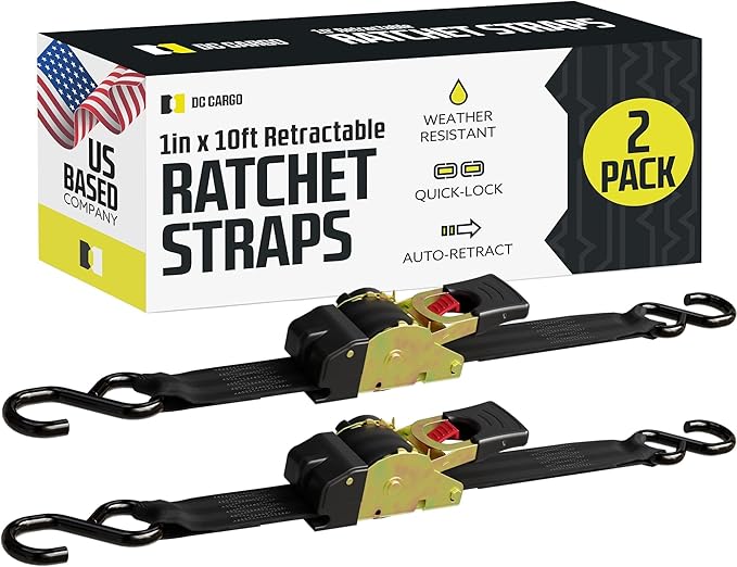 DC Cargo Mall Auto Retractable Ratchet Straps (2-Pack) 1” x 10ft, Heavy Duty, 1,209lb Break Strength – Tie Down Straps for Cargo, Truck, Trailer, Motorcycle, Boat