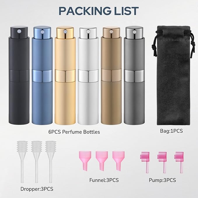 Travel Perfume Bottle Refillable - Cologne Spray Atomizer Mini - Small Travel Size Empty Sprayer for Refill Sample Container - Portable Fragrance Decant Dispenser for Women Men 8ml 6PCS Brown