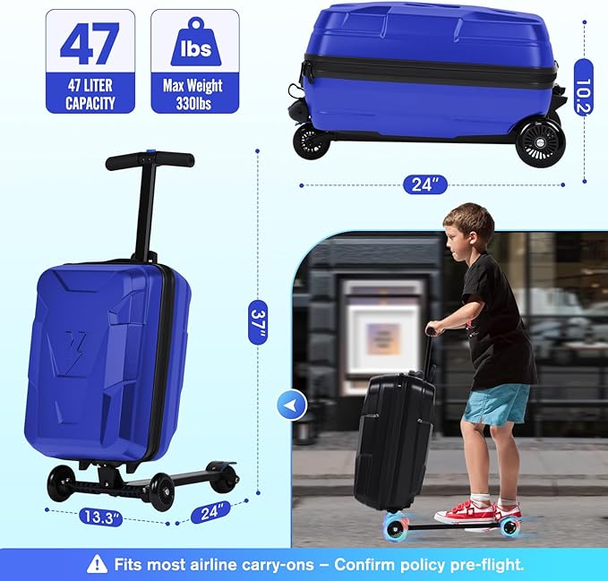 smilesun Scooter Suitcase for Kids & Adults, Foldable Carry On Travel Luggage, Hardside Ride on Scooter Suitcase with Spinner Wheels,Blue