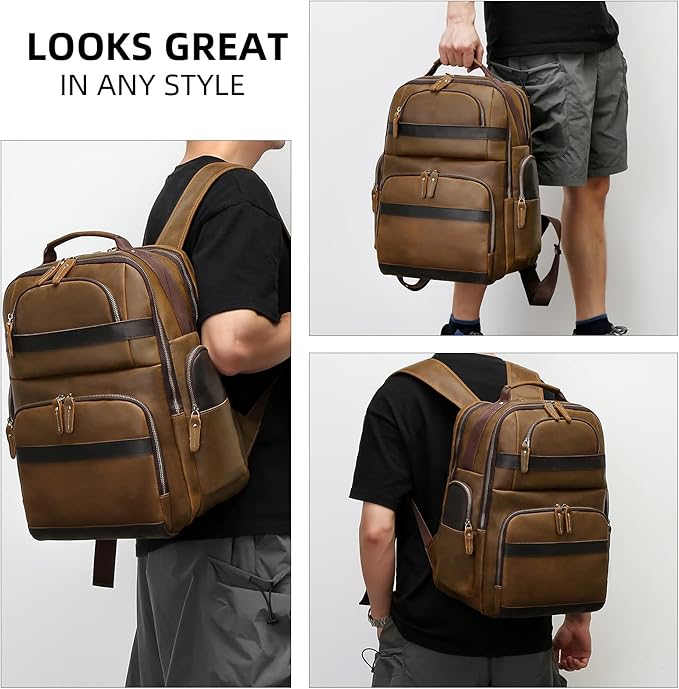Full Grain Leather Backpack for Men,15.6" Laptop Backpack with USB Charging Port,Large Capacity Vintage Casual Travel Business Work Computer Bag Outdoor Weekend Daypack (Light Brown)