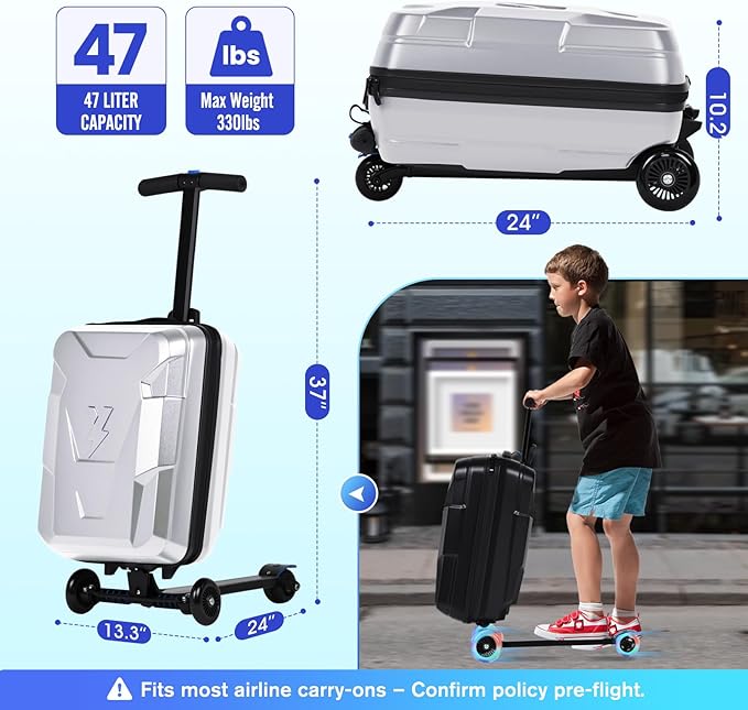 smilesun Scooter Suitcase for Kids & Adults, Foldable Carry On Travel Luggage, Hardside Ride on Scooter Suitcase with Spinner Wheels,Silver