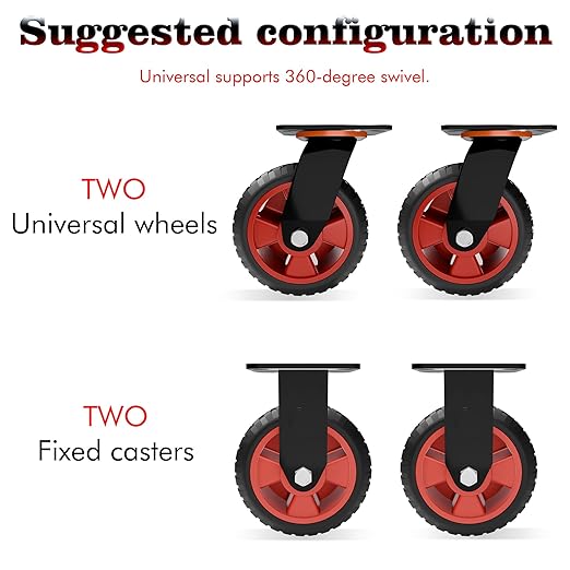 6 Inch Heavy Duty Industrial Casters,400 LBS Capacity per Caster,Set of 2 Fixed Solid Rubber Wheels for Utility Cart, Dolly, Workbench & Outdoor(no Brake)
