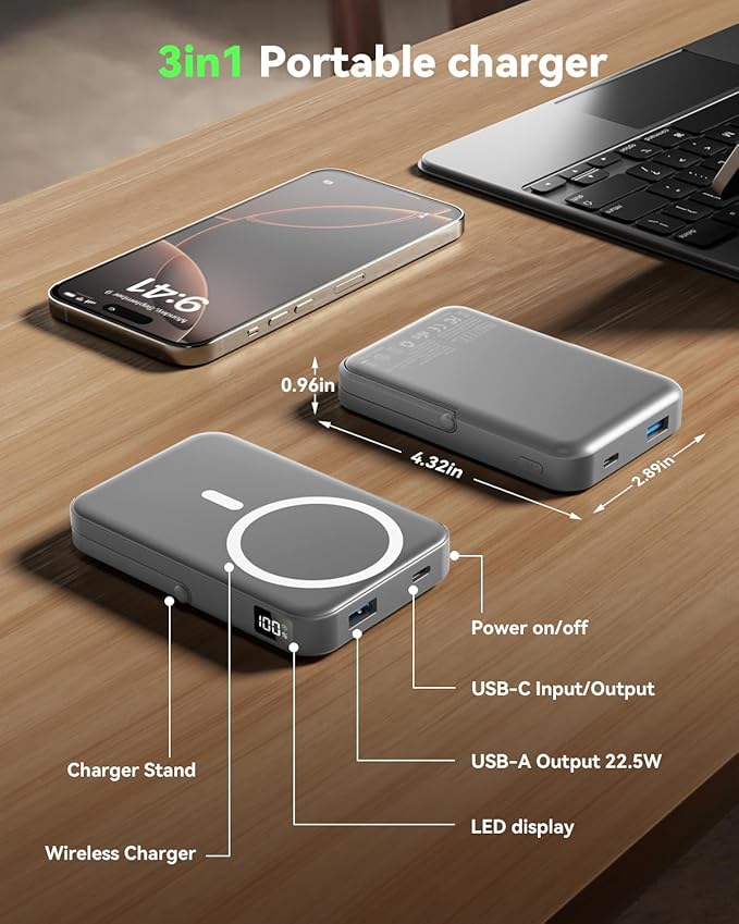 for MagSafe Portable Charger 10000mAh, Magnetic Wireless Power Bank with Foldable Stand, Fast Charging USB-C Battery Pack for iPhone 17/16/15/14/13/12 Series, Strong Magnetic Snap