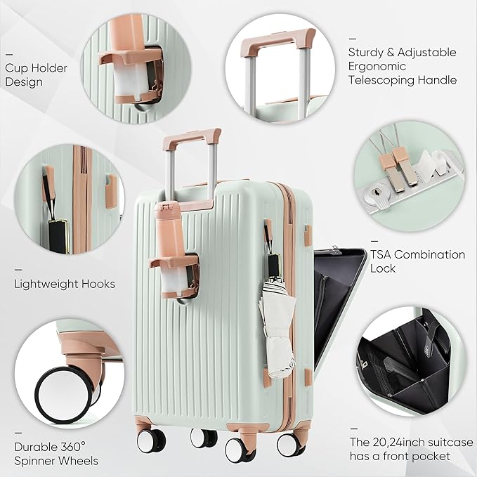 Merax 4-Piece Luggage Set with USB Charging Ports Suitcase with TSA Lock Travel Duffel Bag Wet-Dry Toiletry Bag, grey green+Bag