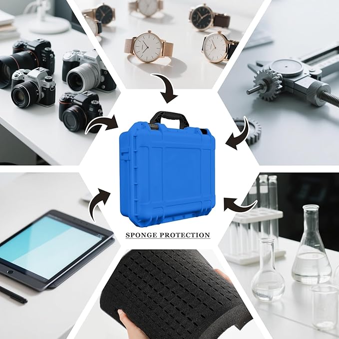 14.3 x 11.4 x 4.5 Inch Waterproof Hard Case with DIY Customizable Foam Insert Portable Protective Case with Knife for Camera Drones Equipments Tools Test Instruments (Blue)