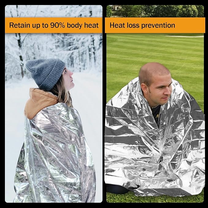 12-Pack Emergency Mylar Thermal Blankets, 82"x62" Space Blankets Foil Blanket, XL Camping Blanket for Outdoors, Hiking, Survival kit, Bug Out Bag,Marathons or First Aid, Silver