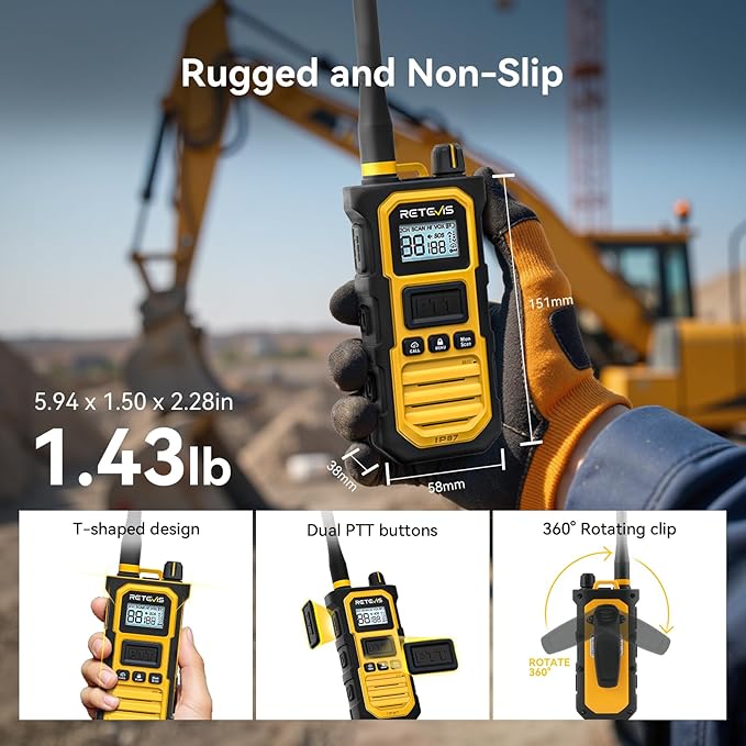 Retevis RB48 Pro Walkie Talkies Long Range, High Power, Heavy Duty Rechargeable Two Way Radios, 2800mAh, IP67, Upgrade Noise Reduction, Group Call for Construction (6 Pack with Gang Charger)