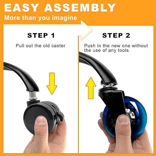 Office Chair Wheels for Casters Replacement - 3" Rubber Wheels for Computer Gaming Desk Caster Smooth & Safe Rolling for All Floors Including Hardwood and Carpet - Set of 5 - Blue