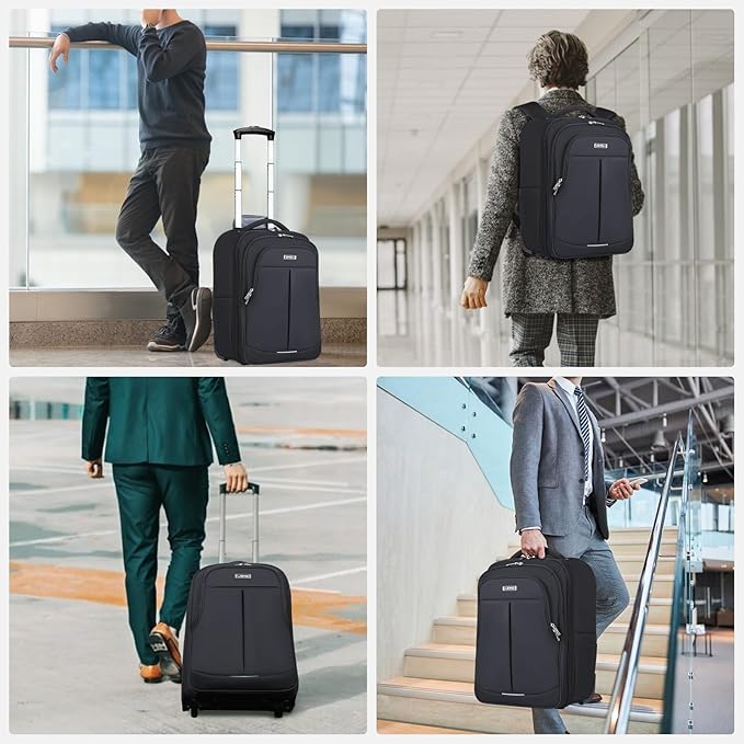 Rolling Backpack for Adults,17 Inch Waterproof Underseat Carry On Luggage, Wheeled Carry-on Luggage, Travel Backpack for Men Women, Trolley Laptop, Black Medium