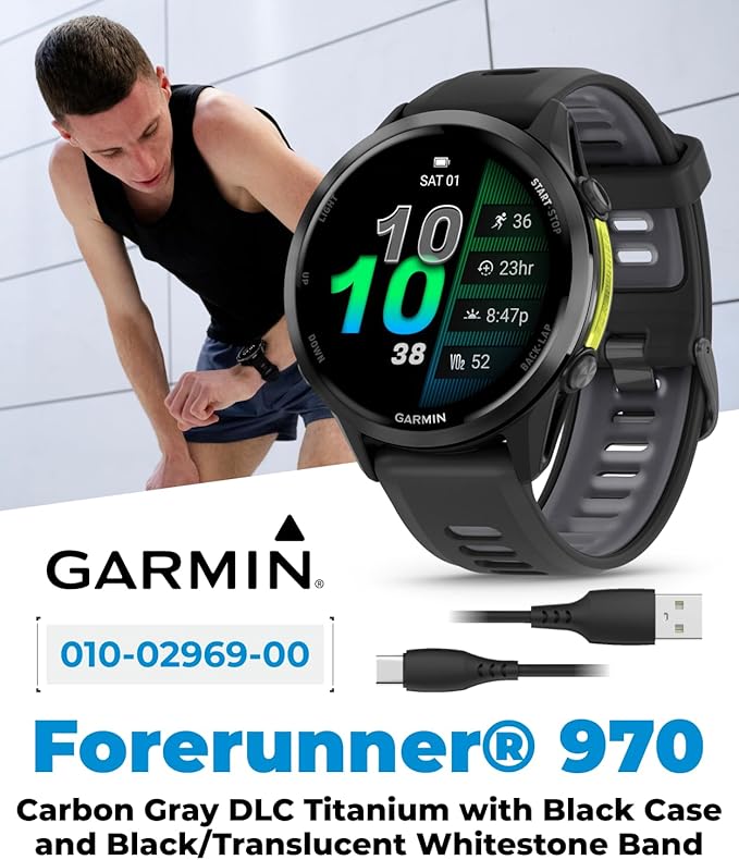 Wearable4U Garmin Forerunner 970 Carbon Gray DLC Titanium Smartwatch with Black Case and Black/Translucent Whitestone Band, AMOLED Display with Garmin HRM 600 S Power Bank Bundle