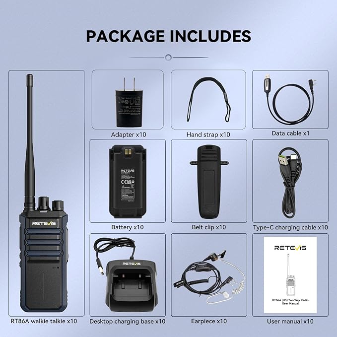 Retevis RT86A Long Range Walkie Talkies, GMRS 2 Way Radio Earpiece with Mic, High Power Two Way Radio, Durable, Group Call, for Industrial Warehousing(10 Pack)