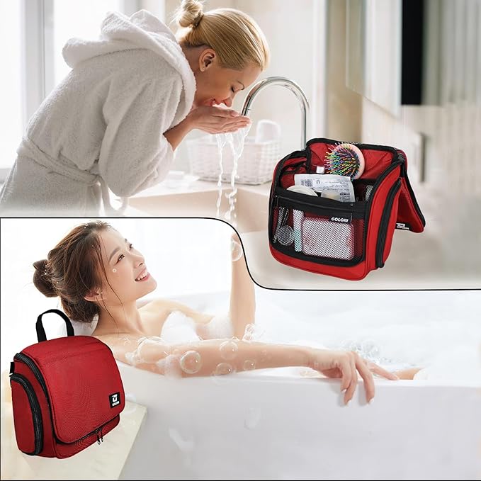 Goloni Hanging Toiletry Bag with Hook, Large Makeup Bag Travel Organizer, Water-Resistant Hanging Cosmetic Bag with 10 Compartments for Women & Men,Red