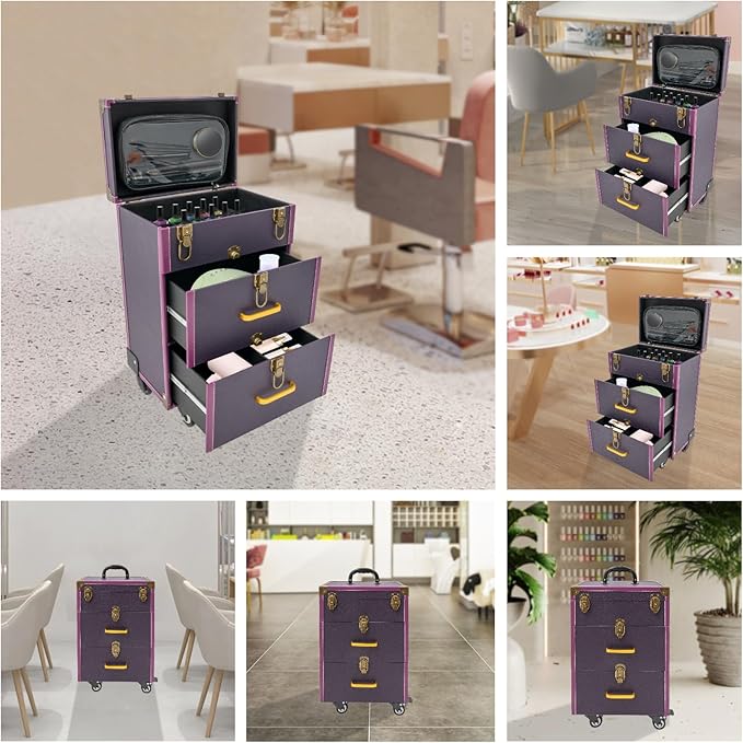 Rolling Makeup Case w/ 2 Keys, 3-tier Lockable Makeup Train Case w/ Drawers, Removable Baffle Nail Polish Organizer, Travel Cosmetic Case w/ 17.7in Telescopic Rod, 14.2*9*19.3in, Bronze Latch+Purple