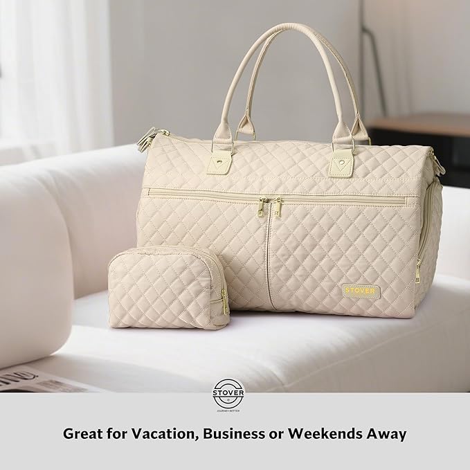 STOVER Women’s Convertible Garment Duffel Bag for Travel – 2-in-1 Carry-On Weekender/Overnight Tote - Wrinkle-Free Dresses, Hanging Suits & Clothes + Shoe Compartment & Bonus Toiletry Bag (Cream)