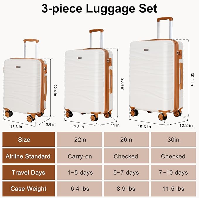 Romswi 3 Piece Luggage Sets, Expandable PC+ABS Hardshell Suitcase Set with TSA Lock YKK Zipper and Dual Spinner Wheels, Large Checked Travel Suitcases, 22/26/30 Inch, White