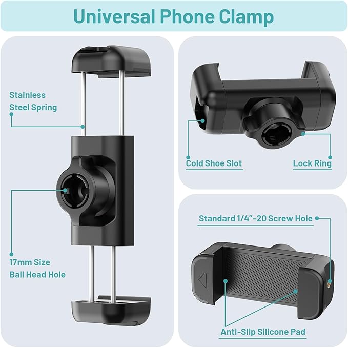 Mic Stand Phone Holder,2-Stage Magic Arm Super Clamp Phone Clip for Microphone Stand, Flexible Adjustable iPhone Music Stands Mount for iPhone17 16 15 14 13 12 11 Galaxy Nexus LG All Smartphones