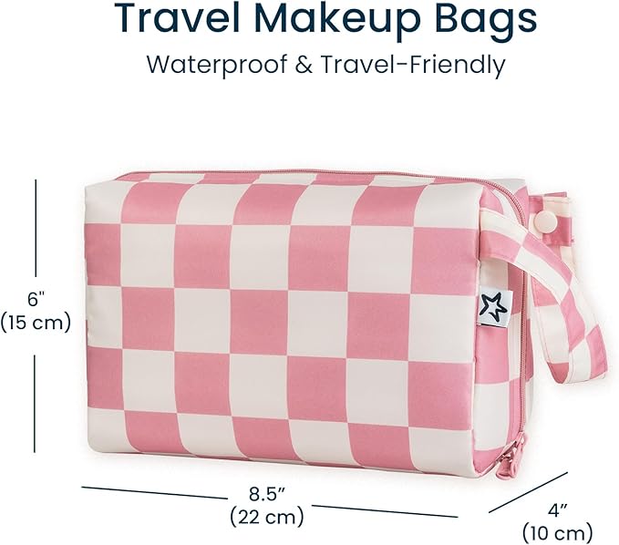 Tiny Twinkle Waterproof Travel Toiletry & Makeup Bag Organizer | Makeup Pouch with Multiple Compartments & Snap Handle for Travel | Gift for Teen Girls and Women(Pink Checkers