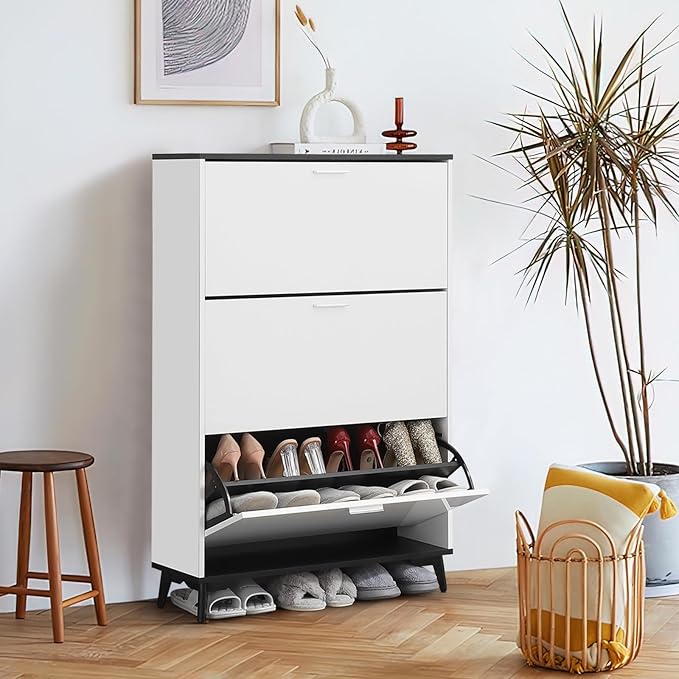 Narrow Shoe Cabinet with 3 Flip Drawers, 47 Inch Tall Freestanding Storage, Farmhouse Style Slim Organizer for Entryway Hallway Closet