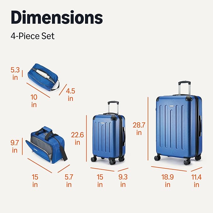 Amazon Basics 4-Piece Luggage Set, Including Two Hardside Suitcases With Multidirectional Spinner Wheels (22" Carry-On and 28" Checked), Plus 15-inch Tote Bag and 10-inch Compact Travel Bag, Navy Blue
