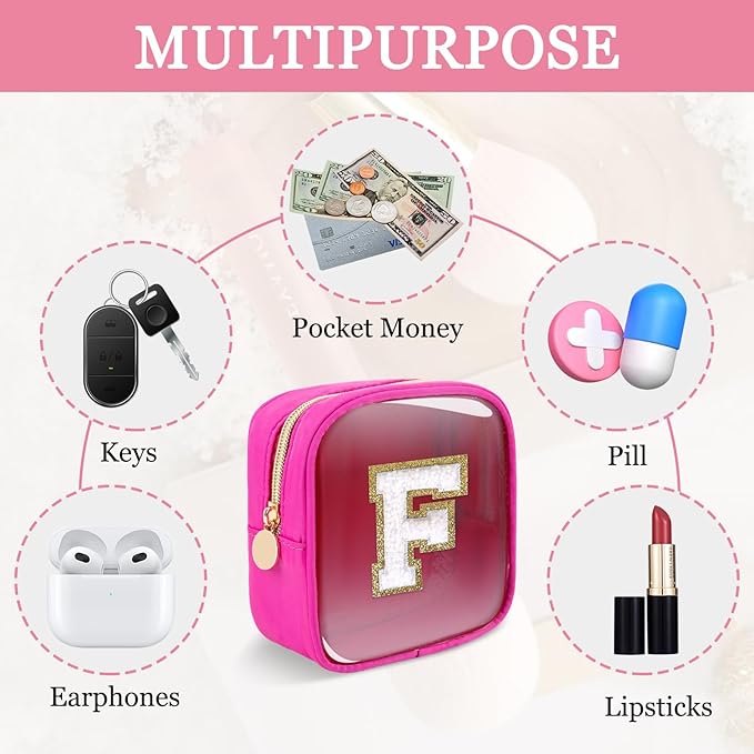 Mini Clear Personalized Initial Makeup Bag,Nylon Preppy A-Z Chenille Letter Patch Zipper Cosmetic Bag, Small Cute Beach Pouch Travel Purse Sanitary Napkin Storage Bag for Women Girls(Hot Pink-White E)