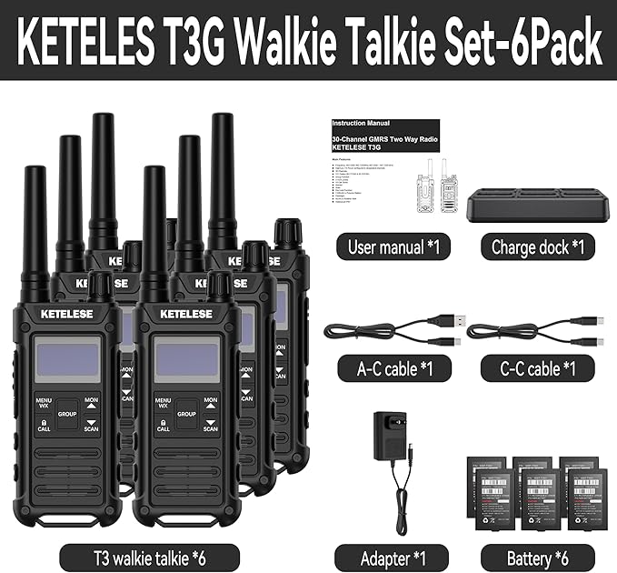 KETELESE T3G Heavy Duty Walkie Talkies Type-C Rechargeable, IP67 Waterproof 2 Way Radios with Earpiece, Adapter, Dock, PTT Group, NOAA, VOX, 6 Pack Walkie Talkie for Adult Black/Grey