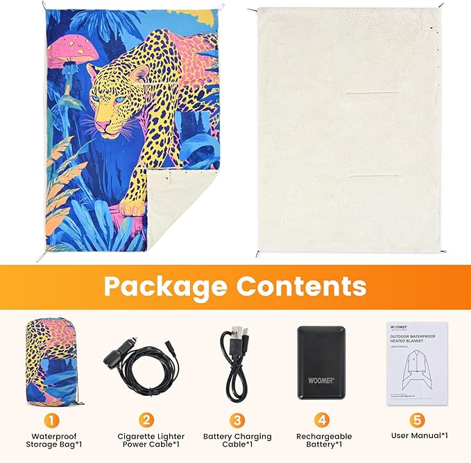 WOOMER Heated Blanket Battery Operated 50x70 Inches, 15000mAh Cordless Electric Blanket with 3 Heat Settings, Waterproof Portable Rechargeable Heating Blanket for Outdoor Camping Travel, Cheetah