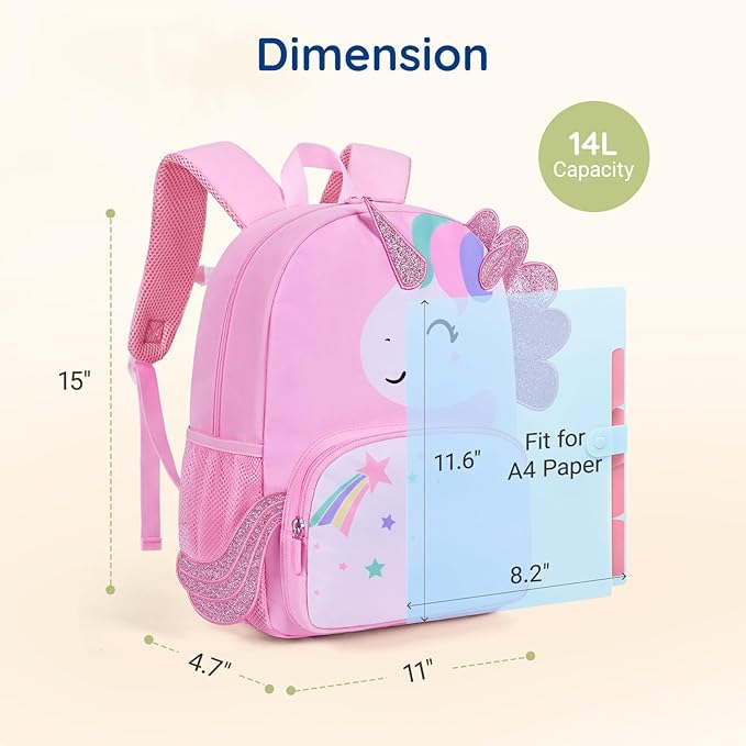 mommore Kids Backpack Preschool Kindergarten Backpack for Girls 4-6 Pink Unicorn Girl Bookbag 15” for Elementary School