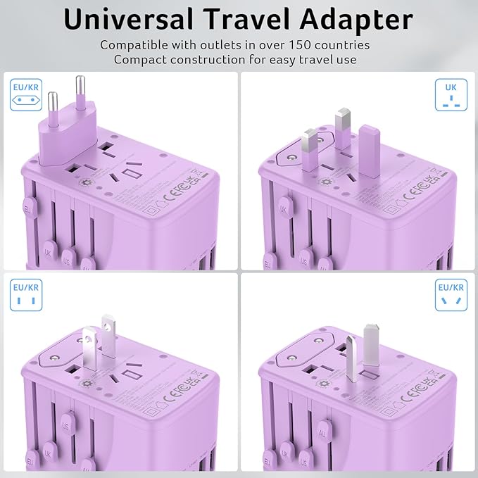 Acer Universal Travel Plug Adapter - International Power Adapter with 5 USB Ports (3 USB C) 5.8A, Worldwide Outlet Charger for USA to European UK France Germany Spain, Type C/E/F/G/I/L/A, Purple