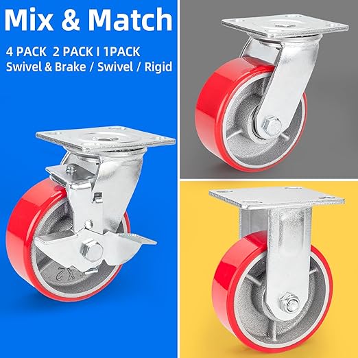 Nefish 5 Inch Industrial Grade Casters Wheels, 2 Pack Heavy Duty Swivel Casters, No Noise Polyurethane Wheel on Steel Hub, 1000 Lbs Load Capacity Per Swivel Casters for Machine, Equipment