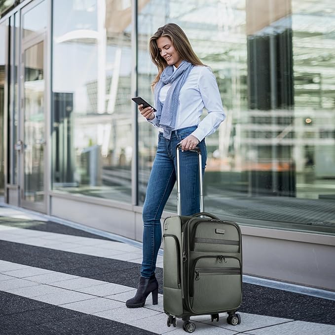 KROSER Softside Expandable Carry On Luggage with Front Business Pockets,20 Inch Suitcases with Spinner Wheels & Built-in TSA Lock, Durable Suitcase Rolling Luggage with USB Port, Army Green