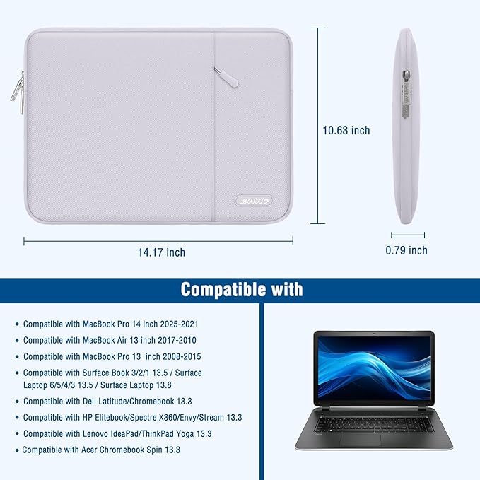 MOSISO Laptop Case 13.3 inch, 13-13.3 inch Laptop Sleeve Compatible with MacBook Air/Pro 13/Pro 14 M5 M4 M3 M2 M1, HP Dell ASUS Lenovo,Polyester Vertical Computer Sleeve Bag with Pocket, Dusty Lilac