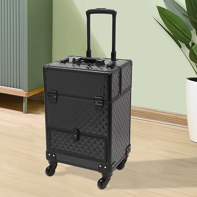 Rolling Makeup Train Case,Multi-functional Cosmetic Trolley with 360° Swivel Wheels Keys,Salon Barber Case Traveling Cart for Nail Technicians Hairstylist (Black)
