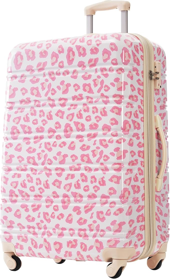 Merax Leopard Print Luggage Sets, 3 Piece Expandable Suitcase Set with Spinner Wheels,Large Checked Travel Suitcases and Carry On Travel Luggage, 100% PC, TSA Lock,Pink