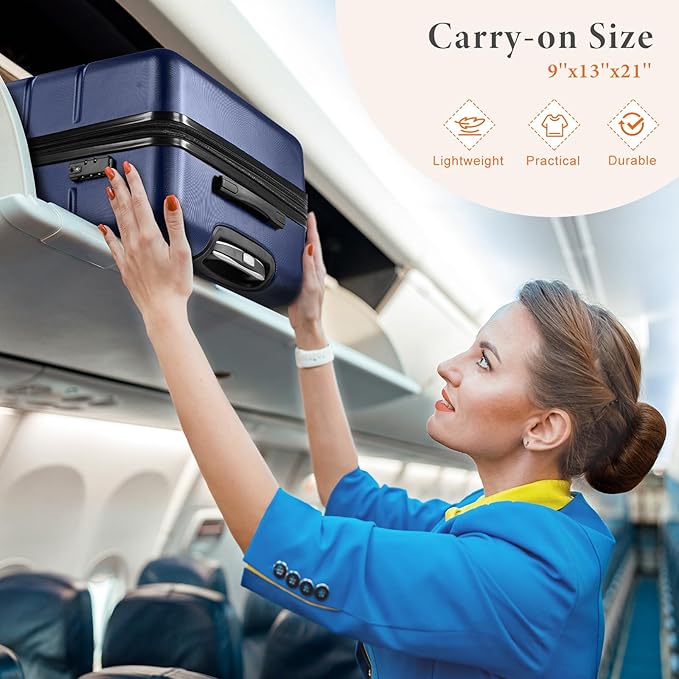 Sweetcrispy Carry on Luggage, Hard Shell ABS Suitcase with Double Spinner Wheels, Lightweight Expandable Rolling Suit Case with TSA Lock, 21 Inch Navy Blue