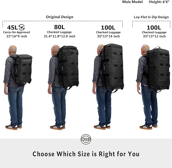 STOVER 100L Rolling Duffel Bag with Wheels, X-Large Durable Travel Duffle + Toiletry Bag, Heavy Duty, Packable with Shoulder Straps- Use as Luggage or Backpack (Camouflage)