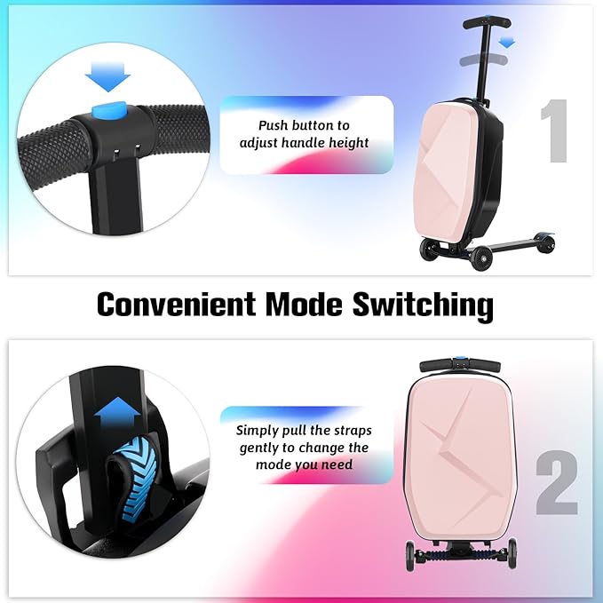 Scooter Luggage For Kids & Adults, Hardside Ride On Suitcase For Kids Ages 4-15 Multifunctional Lightweight Foldable Carry On Luggage With Wheels Ride On For Children Teenagers (Light Pink, 20")