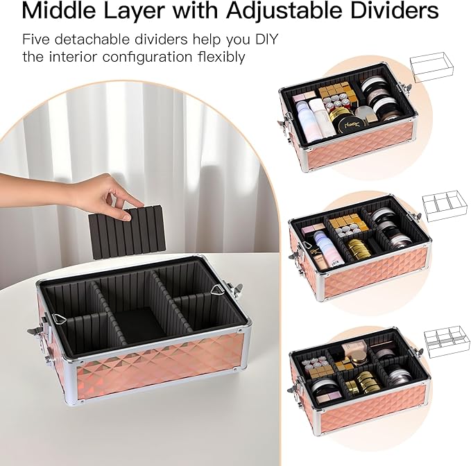 Professional Rolling Makeup Case, Cosmetology Case on Wheels 4 in 1 Large Cosmetic Train Case, Ideal Gift for Hairstylist, Nail Techs, Portable Beauty Organizer for Travel or Salon Use