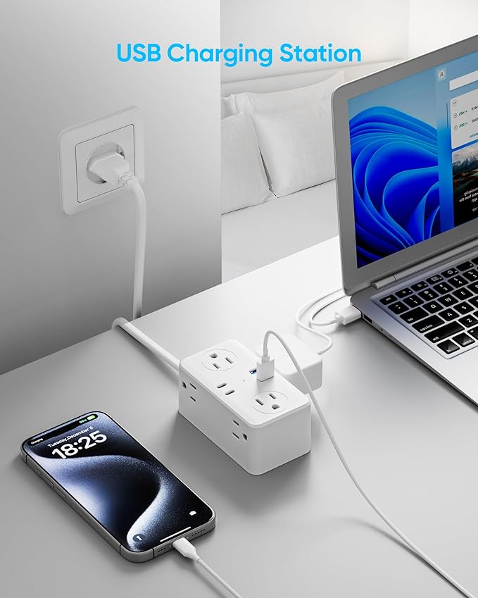 European Travel Plug Adapter, Type E F Plug Adapter, 6 AC Outlets, 4 USB Ports (2 USB C), 3ft Wrapped Around Extension Cord, for Germany France Travel