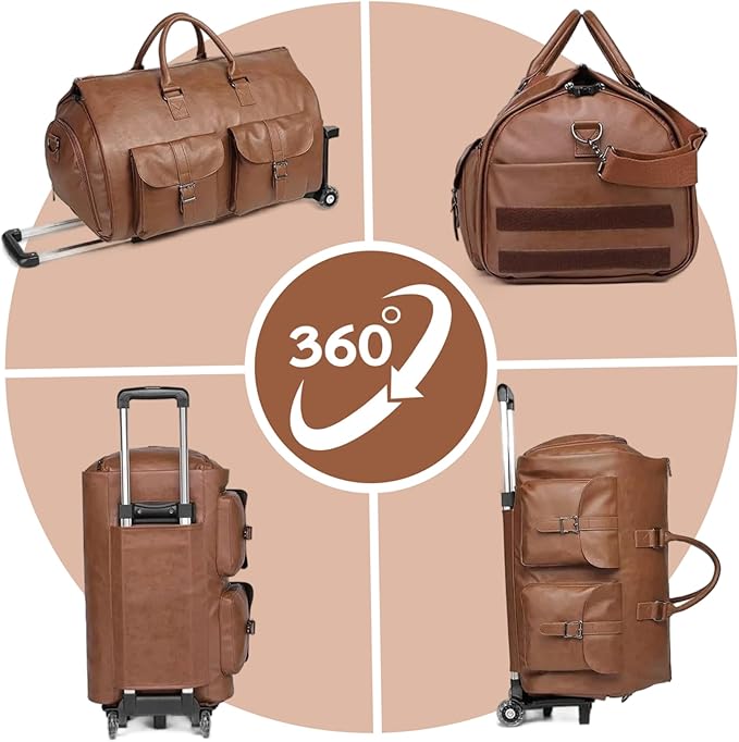 Wheeled Duffel Bags Duffle Bag with Wheels and Handle, Foldable Waterproof PU Large Capacity Wheeled Duffel Bags with Adjustable Strap for Women and Men, Brown