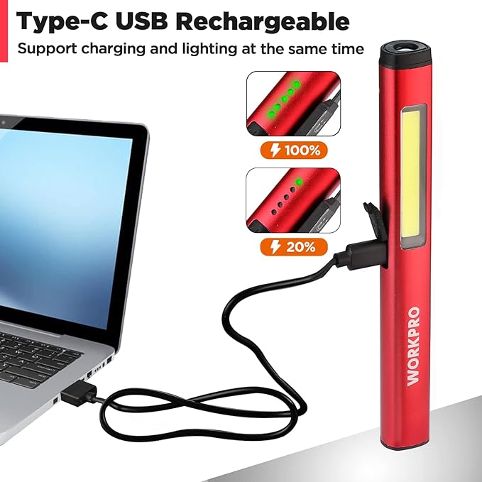 WORKPRO Rechargeable Pen Light, 450 Lumen LED Flashlight with 365 nm UV Black Light, Multifunctional Penlight for Mechanic Emergency Outdoor