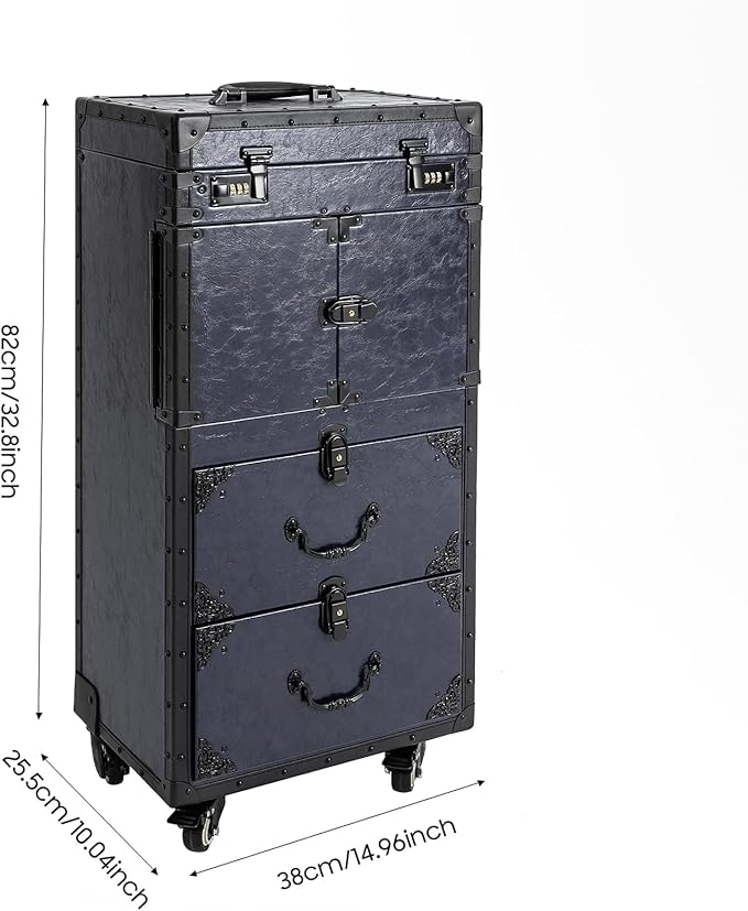 Beauty Rolling Makeup Train Case, Professional Lockable Rolling Salon Luggage, Retro-Rolling Cart Storage Organizer Trolley Make Up Case, 4 Universal Wheels, Retractable Rod, Buckle (Blue)