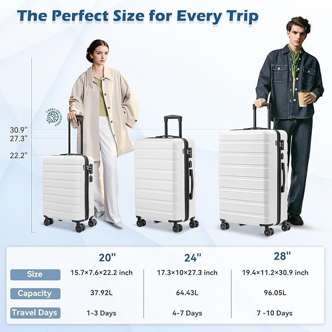 AnyZip Suitcase Hardside PC ABS Lightweight USB Luggage with Wheels TSA Lock Checked-Medium 24 Inch White