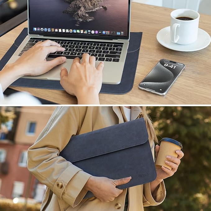 Allinside 13 Inch Laptop Sleeve Case for MacBook Air 13 2018-2025/MacBook Pro 13 2016-2022/Macbook Pro 14 2021-2024, Waterproof Matte PU Leather Horizontal Envelope Protective Case Cover, Navy Blue