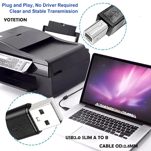 Long Slim 20ft Type2.0 Printer Wire, Type A to Type B Wire High Speed Type 2.0 A to B Wire Scanner Printer Cord to Computer for HP Canon Brother Dell Epson OD2.8MM