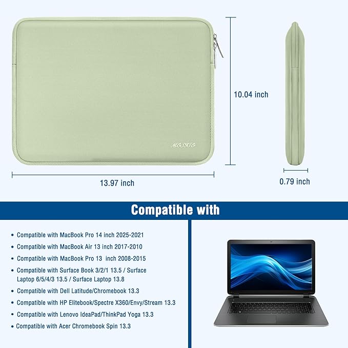 MOSISO Laptop Case 13.3 inch, 13-13.3 inch Laptop Sleeve Bag Compatible with MacBook Air/Pro 13/Pro 14 M5 M4 M3 M2 M1, HP Dell ASUS Lenovo, Neoprene Computer Sleeve Bag with Small Case, Sage Green
