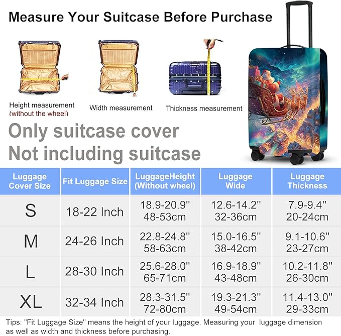 Northern Lights Christmas Luggage Cover - Santa's Sleigh Flying Over City Under Aurora, Magical Stretchable Suitcase Protector 24 26 Inch