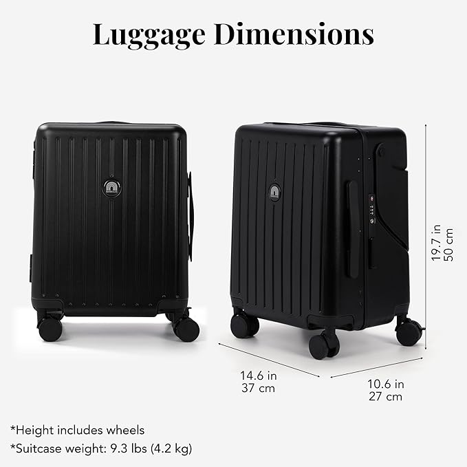 RAINRO & CO Obsidian Black 20" Ride-On Carry-On Luggage for Kids & Adults with Built-In Seat, Spinner Wheels, and Secure TSA Lock – Durable Hardside Carry-On