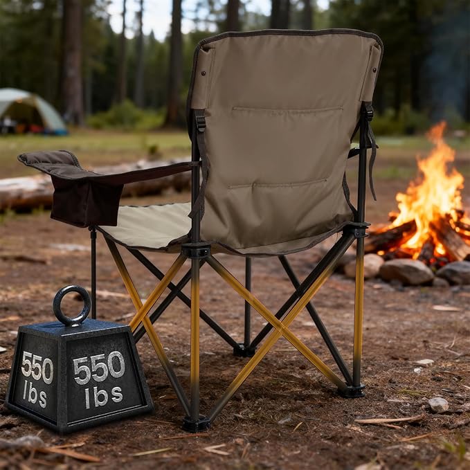 TIMBER RIDGE Oversized Folding Camping Chair for Adults, Support 550 LBS Heavy Duty with Cup Holder Side Pocket for Camp, Lawn, Picnic, Tan, 2 Pack
